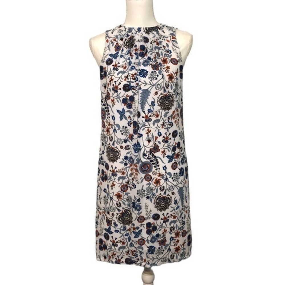 H&M Orange Blue Pleated Shift Dress Floral Paisley Jacquard Mini Cutout Tie Back